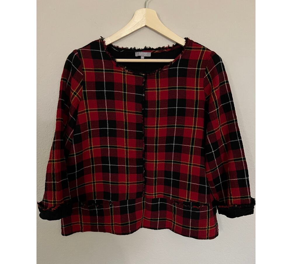 Habitat Red Tartan Plaid Fringe Pullover Shirt Top 98% Cotton Size Medium